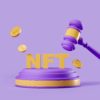 NFT on podium, auction gavel and gold coins floating. Concept of digital art. 3D rendering