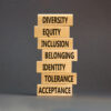 Diversity, inclusion symbol. Diversity belonging inclusion equity identity tolerance acceptance words on blocks. Beautiful grey table grey background. Diversity inclusion belonging concept.